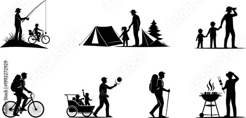 Silhouette illustrations of family outdoor activities and recreation  camping cycling fishing hiking barbecue