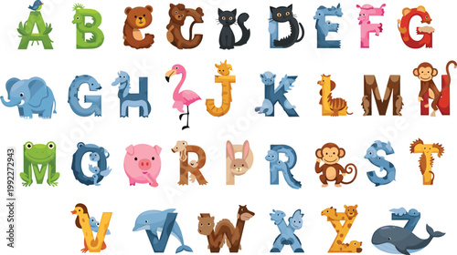 Animal alphabet vector illustration with cute cartoon animals forming ABC letters for kids learning, educational typography and playful nursery design