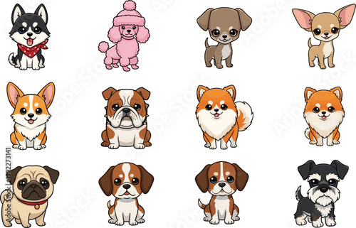 Cute dog breeds cartoon vector set with corgi, pug, bulldog, pomeranian, chihuahua and other adorable puppy characters illustration collection