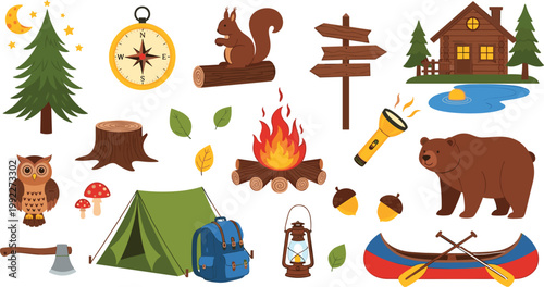 Camping and hiking outdoor adventure vector set with tent, campfire, forest animals, compass, backpack and nature elements in cartoon style illustration