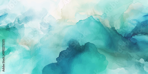Watercolor Abstract depiction of swirling watercolor paints, simulating ethereal clouds in shades of blue and green, conveying a sense of artistic creativity. for print, wall art, branding