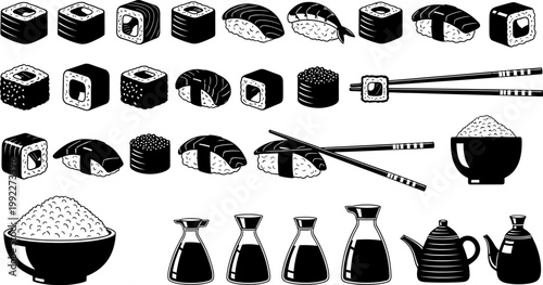 black and white sushi food and drink collection with rice bowl soy sauce and teapot
