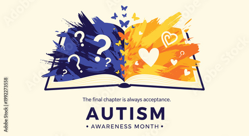 Autism Awareness Month, acceptance symbols, puzzle pieces, colorful illustration, vector graphic