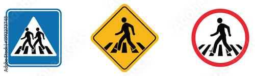 Zebra crossing and pedestrian traffic icon collection, road safety sign set for walking zones, crossing areas, and no pedestrian zones, simple modern vector illustration.

