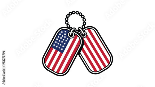Pair of dog tags with american flag design on white background.