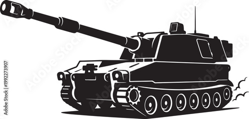 Black silhouette of a military tank with long barrel and large tracks also transparent background