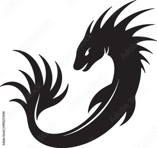 Black silhouette of a stylized dragon with spiked wings and curled tail also transparent background