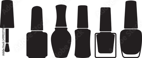 Black silhouette of various nail polish bottles and applicator also transparent background