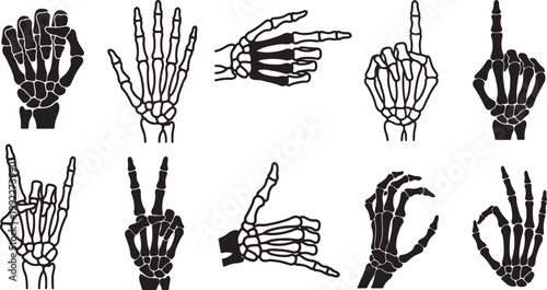 Collection of black and white skeleton hand gestures on a neutral background, also transparent background