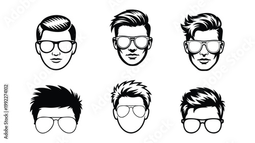 Six men heads with different hairstyles and sunglasses.