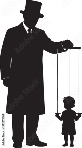 Silhouette of a man in a hat controlling a puppet child with strings also transparent background
