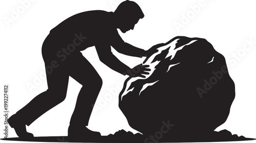 Silhouette of a man pushing a large rock up a hill also transparent background