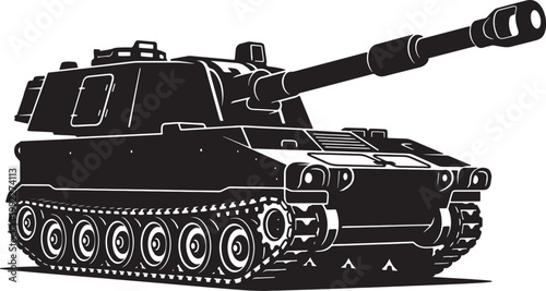 Silhouette of a military tank with long barrel and large tracks, isolated on white background, also transparent background