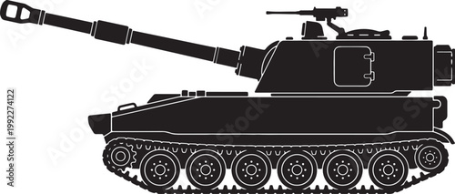 Silhouette of a military tank with long barrel on caterpillar tracks also transparent background army