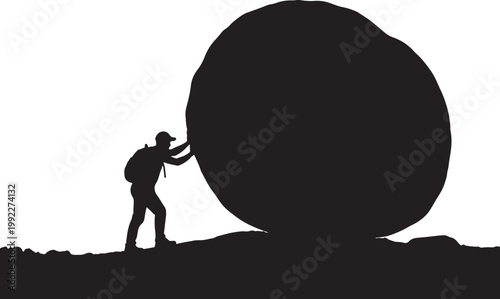Silhouette of a person pushing a large black boulder uphill also transparent background, large boulder