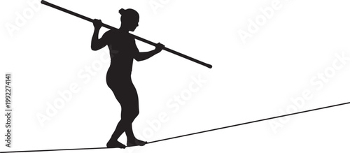 Silhouette of a person balancing on a tightrope with a long pole also transparent background