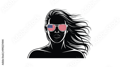 Silhouette of woman with flowing hair wearing sunglasses with american flag design for fourth of july celebration.