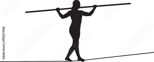 Silhouette of a person balancing on a tightrope while holding a long pole also transparent background