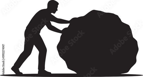 Silhouette of a person pushing a large rock up a slope also transparent background