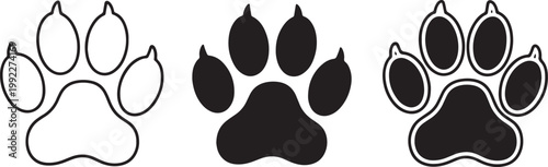 Three stylized paw prints in black and white, with simple outlines and solid silhouettes also transparent background