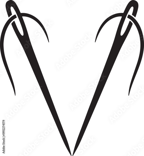 Two black sewing needles with threads forming a heart shape also transparent background, stitching