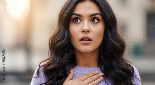 Shocked young woman's face showing surprise and disbelief, close-up portrait with hand on chest