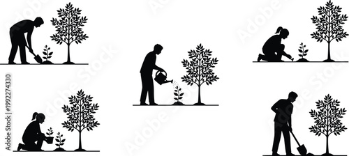 Collection of black silhouettes featuring people planting trees and gardening with shovels and watering cans isolated on white background for environmental conservation.