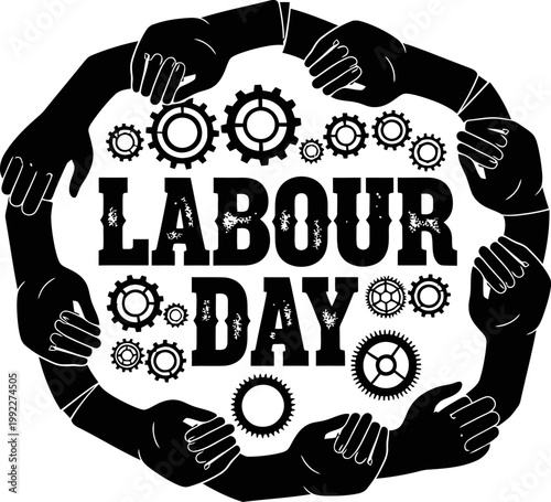 Labour Day celebration with hands and gears on white background