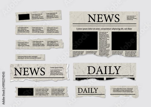 Grunge Torn Newspaper Clipping Set – Vintage Ripped News Daily Paper Texture Collage Element Vector Collection