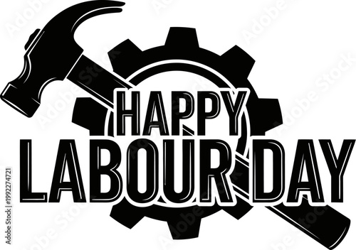 Happy Labour Day celebration with hammer and gear graphic