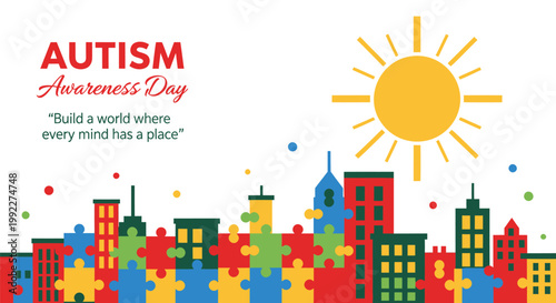 Autism Awareness Day, puzzle pieces cityscape, colorful illustration, World Autism Day