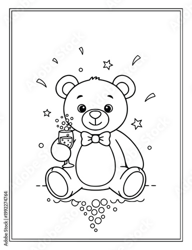 Champagne bottle with clinking glasses and bubbles coloring page for kids