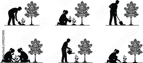 Collection of black silhouettes featuring people planting trees and gardening with shovels and watering cans isolated on white background for environmental conservation.