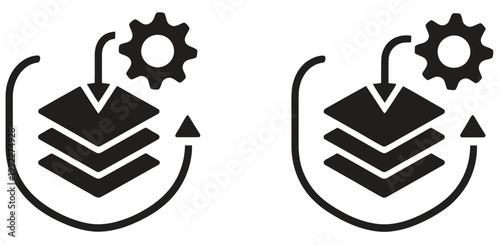 Batch processing icon set featuring grouped data workflow symbols, automated processing elements, task queue indicators, and modern minimalist line art for software systems, data management platforms,