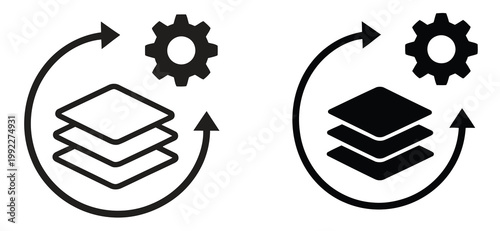 Batch processing icon set featuring grouped data workflow symbols, automated processing elements, task queue indicators, and modern minimalist line art for software systems, data management platforms,
