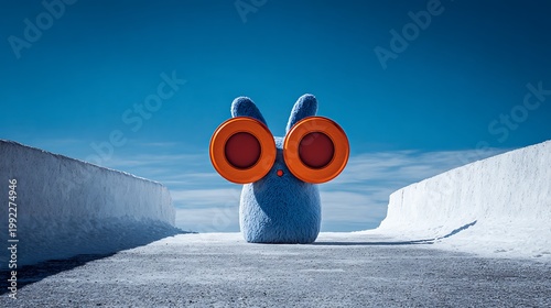 An adorable blue figure with orange eyes staring into the distance against the backdrop of a bright sky 