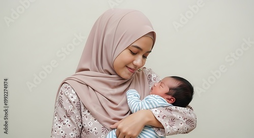 Young mother wearing a headscarf gazes lovingly at her sleeping newborn infant