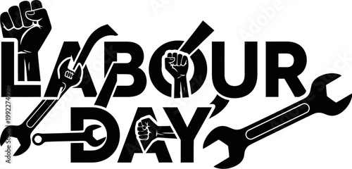 Labour day celebration with tools and fists  symbol of workers rights and unity