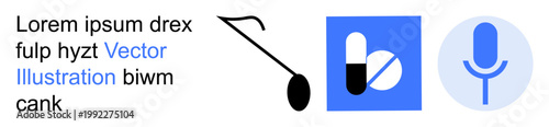 Health services, audio communication, content creation, digital tools, sound recording, medicine. Pill icon, note symbol and microphone graphic. Health services and audio communication concept