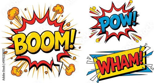 comic book explosion speech bubbles with boom pow and wham text