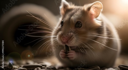 Adorable Golden Hamster Eating a Sunflower Seed, Small Pet Rodent in its Habitat
