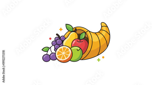 Modern Cornucopia Horn of Plenty Vector Icon with Editable Stroke. Vibrant Flat Illustration of a Harvest Basket Filled with Grapes, Apples, Pear, Orange, and Cherries for Thanksgiving Design.