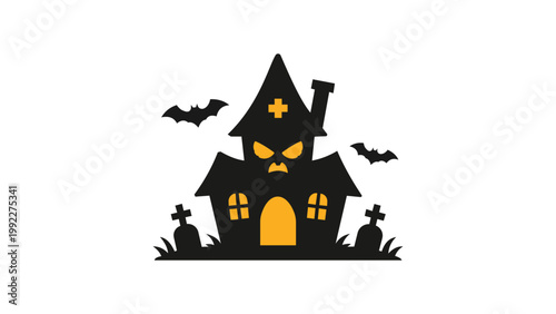 Spooky haunted house vector illustration with glowing yellow windows, flying bats, and graveyard tombstones, isolated on white background, modern flat minimalist icon for Halloween celebration.