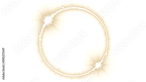 Abstract golden sparkling circle with large glowing particles and lens flares on transparent.