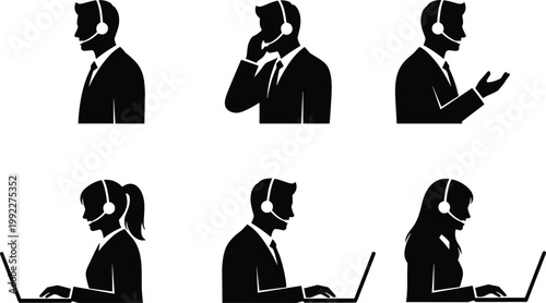 Customer service and call center representative silhouette set featuring male and female agents with headsets using laptops and taking calls isolated on white background.