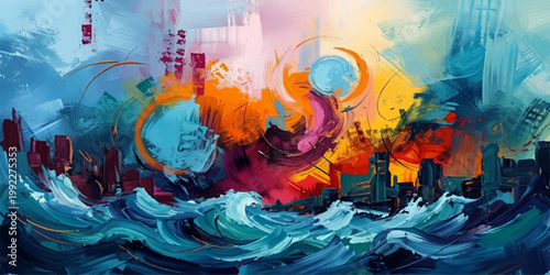 Watercolor Abstract cityscape painting, a dynamic artwork expressing urban vitality with colorful brushstrokes and fluid shapes. for print, wall art, branding