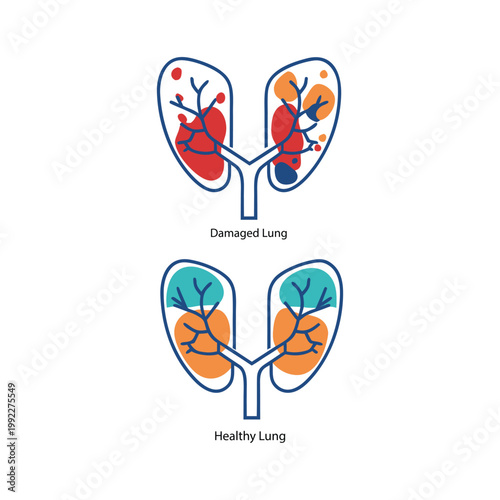 Minimal outline lungs icon with thin stroke showing healthy and unhealthy lungs comparison. Suitable for medical UI and health awareness graphics.