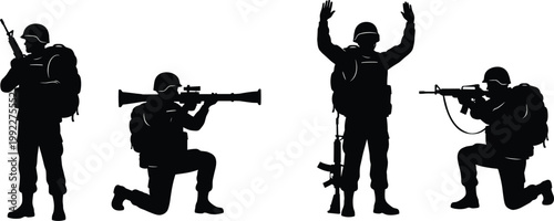 Set of black silhouettes featuring modern soldiers in full combat gear including rifleman with machine gun sniper with bazooka and soldier with backpack isolated on white background.