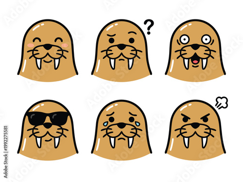Cartoon Walrus Emoticon Set Expressing Various Emotions and Moods.