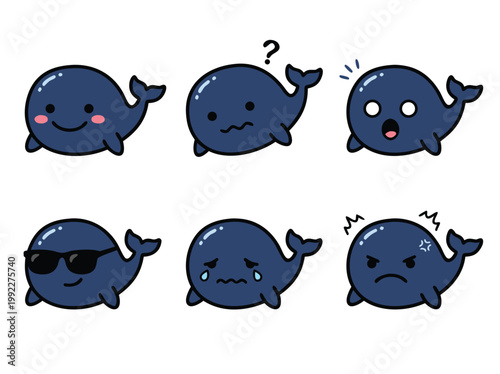 Cartoon Whale Character with Various Cute Facial Expressions.